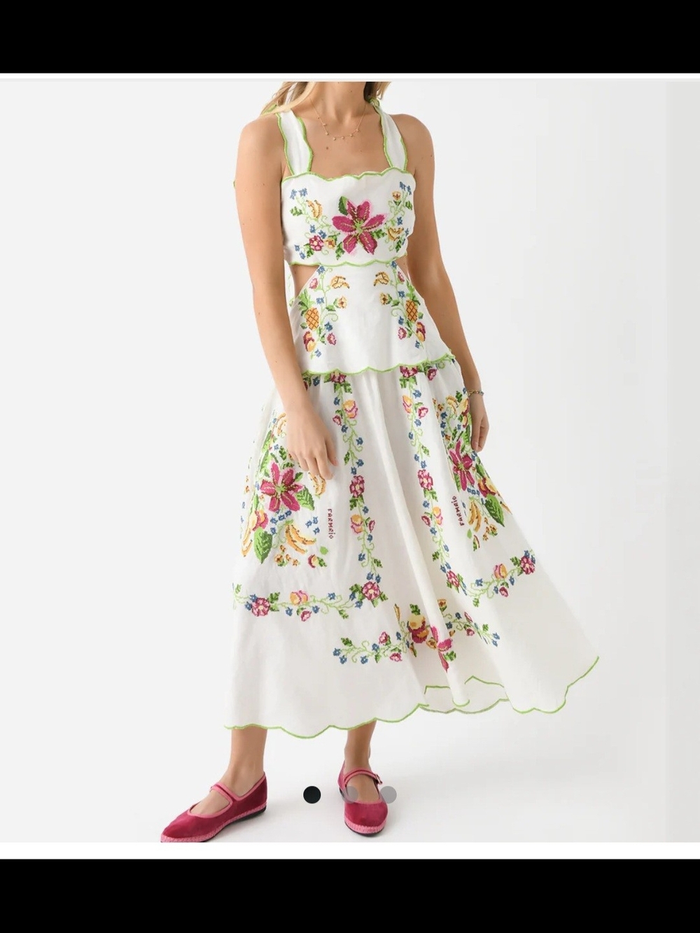 Farm Rio Inspired White Embroidered Floral Midi Skirt